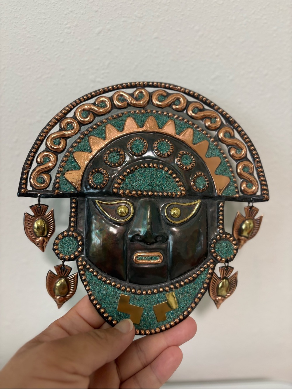Antique Turquoise and Copper Decorative Mask Sculpture